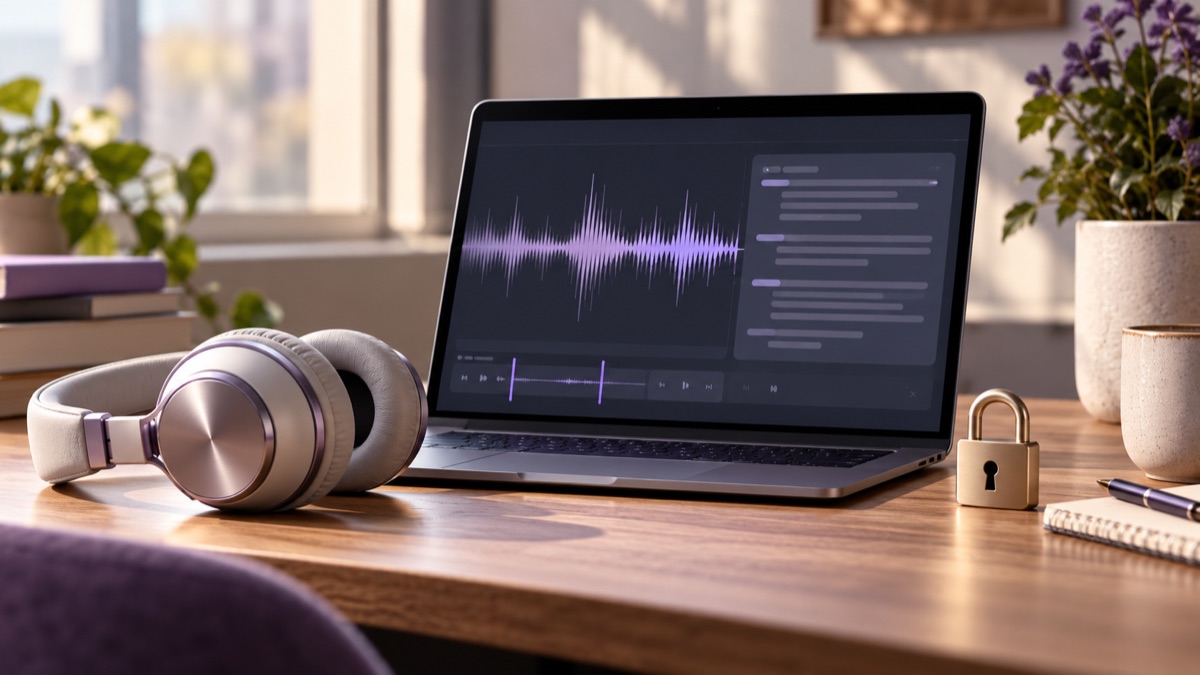 Laptop showing illustrative audio and transcript panels beside headphones and a padlock