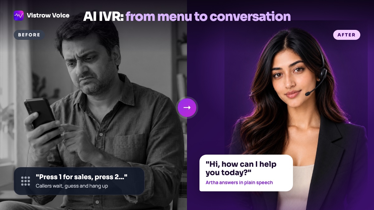 Before and after: a frustrated caller stuck in a press-1 phone menu, beside Artha, the AI agent, asking how she can help