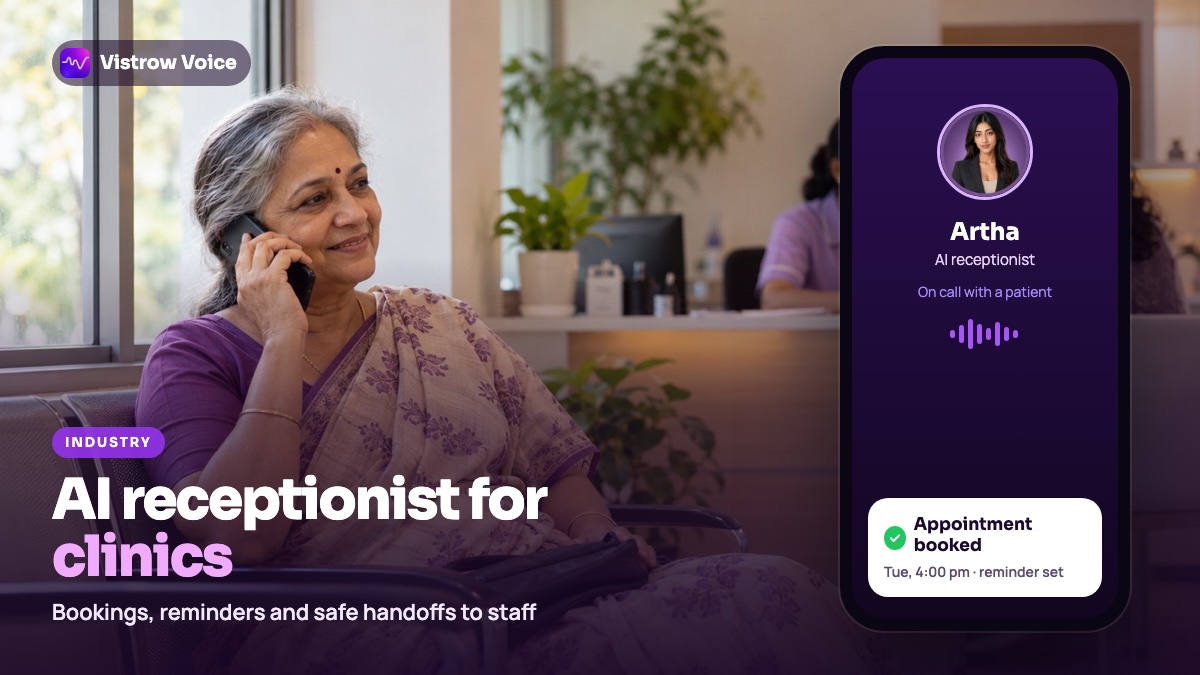 A patient on her phone in a clinic waiting area, with a phone screen showing Artha, the AI receptionist, and an appointment booked