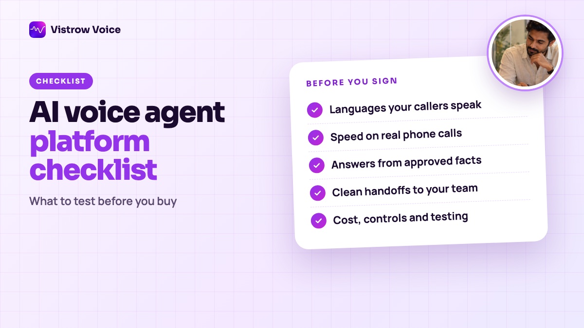 Checklist card for choosing an AI voice agent platform: languages, speed on real calls, approved answers, handoffs, cost and controls