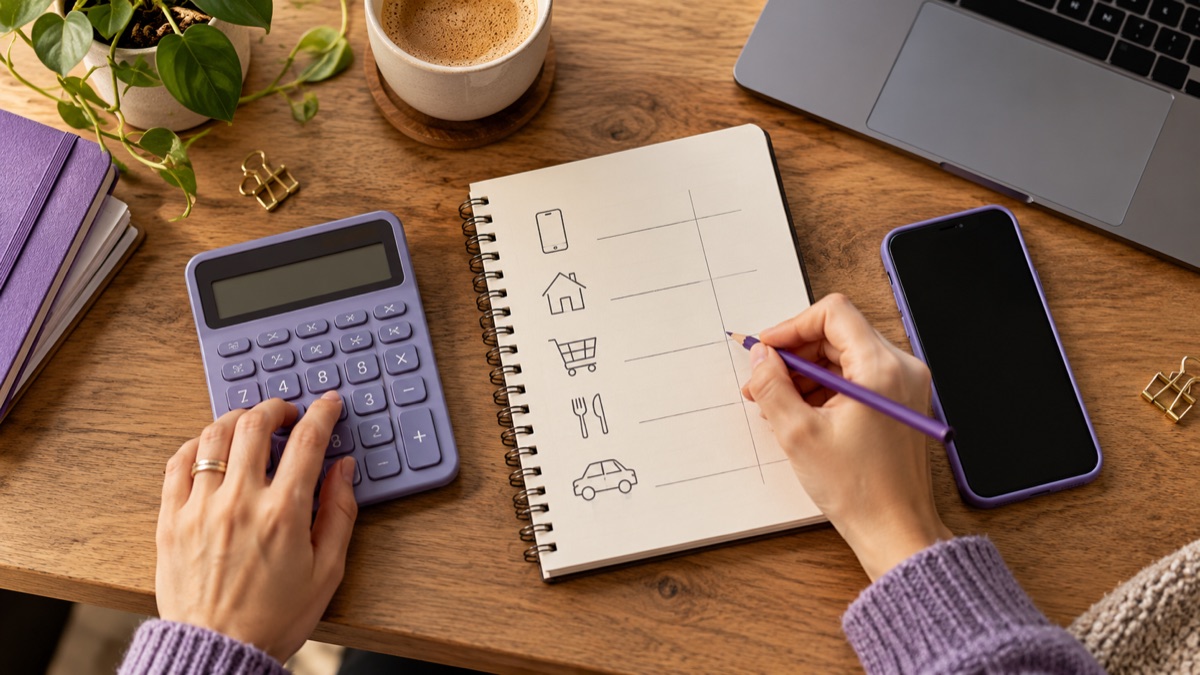 Calculator, budget notebook, and phone on a desk for a call cost comparison