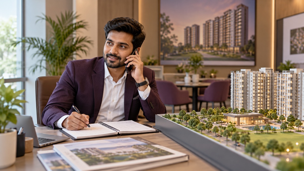 Property advisor taking a call beside an architectural housing model