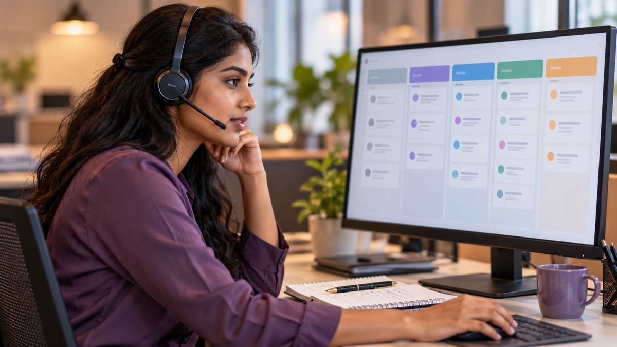 Coordinator reviewing a customer pipeline while wearing a headset