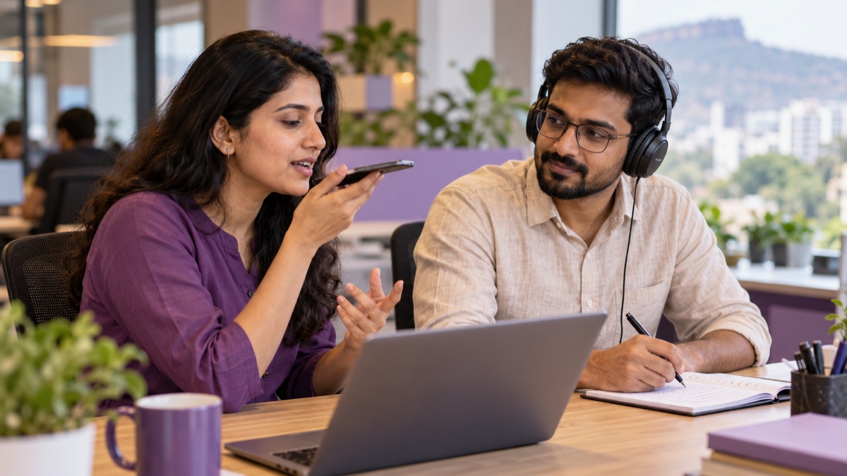 Two colleagues testing a spoken conversation with a phone and headphones