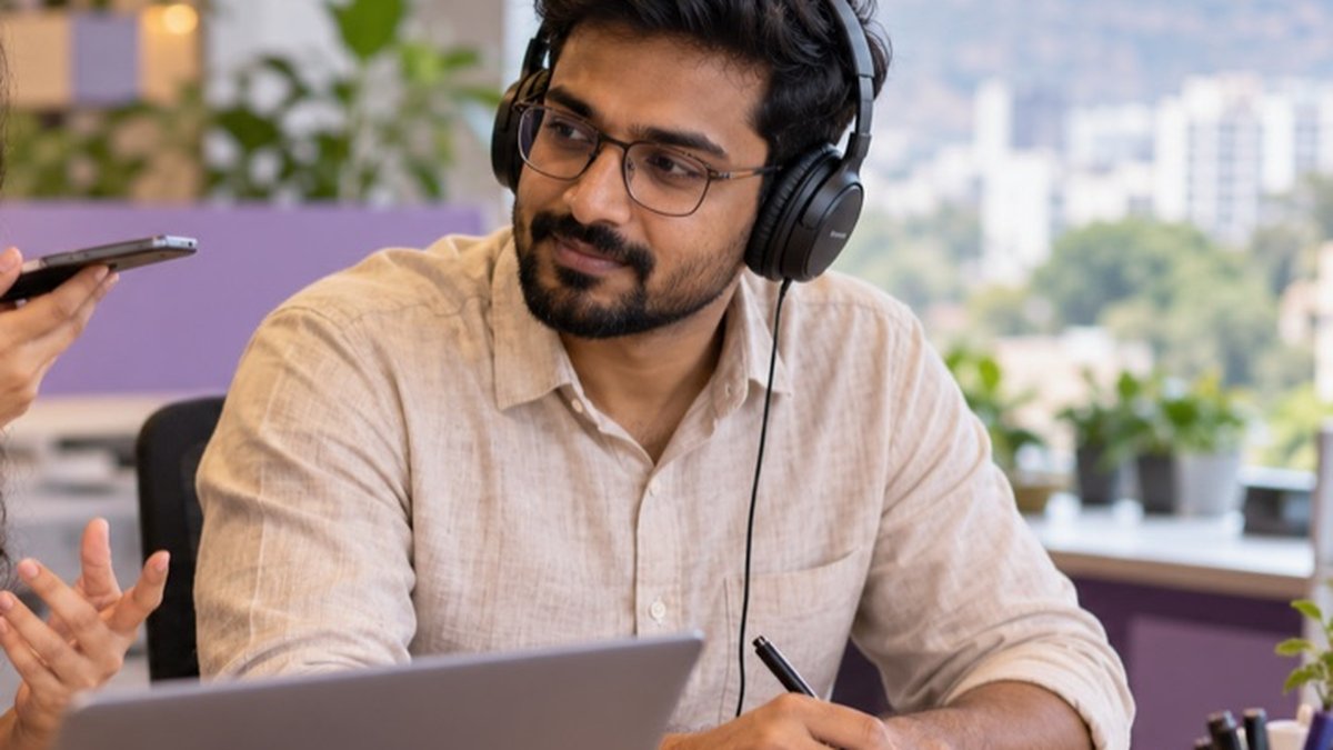 Colleague wearing headphones and holding a pen while listening to a test call