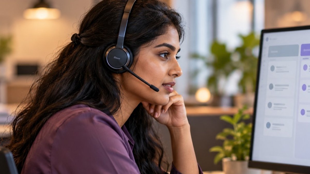 Support coordinator wearing a headset while listening to a caller at her desk