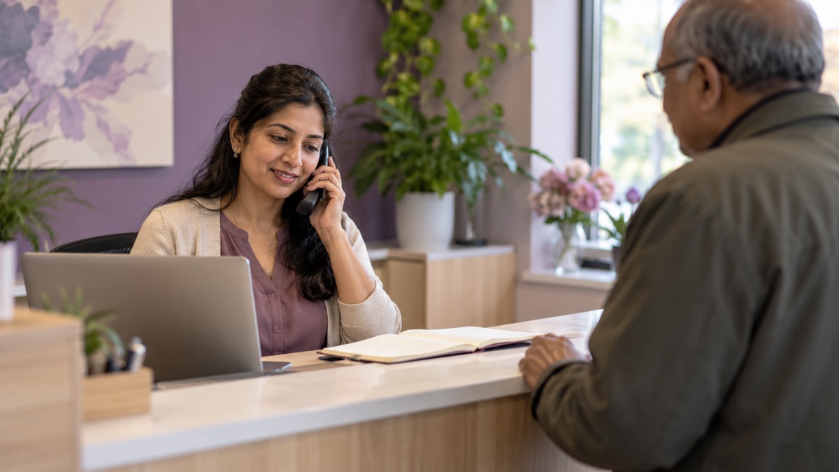 Receptionist at a small clinic front desk answering a phone call while a customer waits