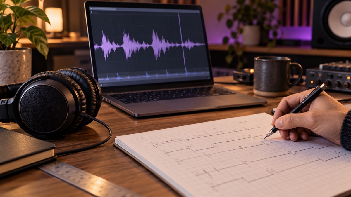 Engineer comparing audio waveforms with handwritten call timing notes