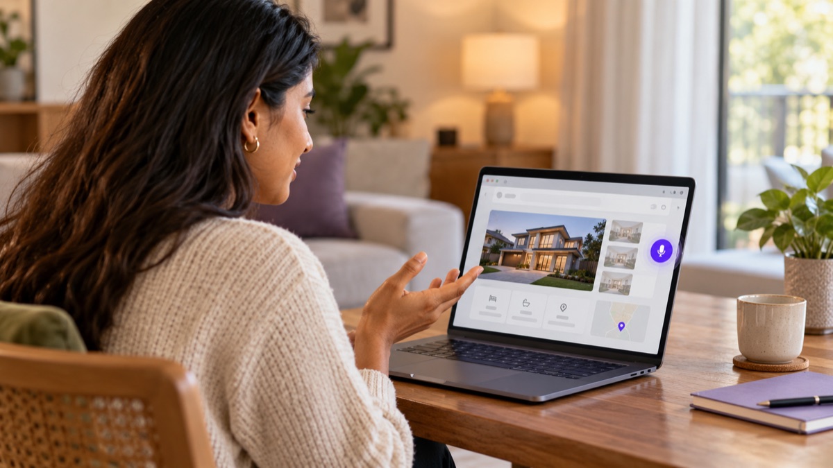 Visitor viewing a property website with a voice conversation control on a laptop