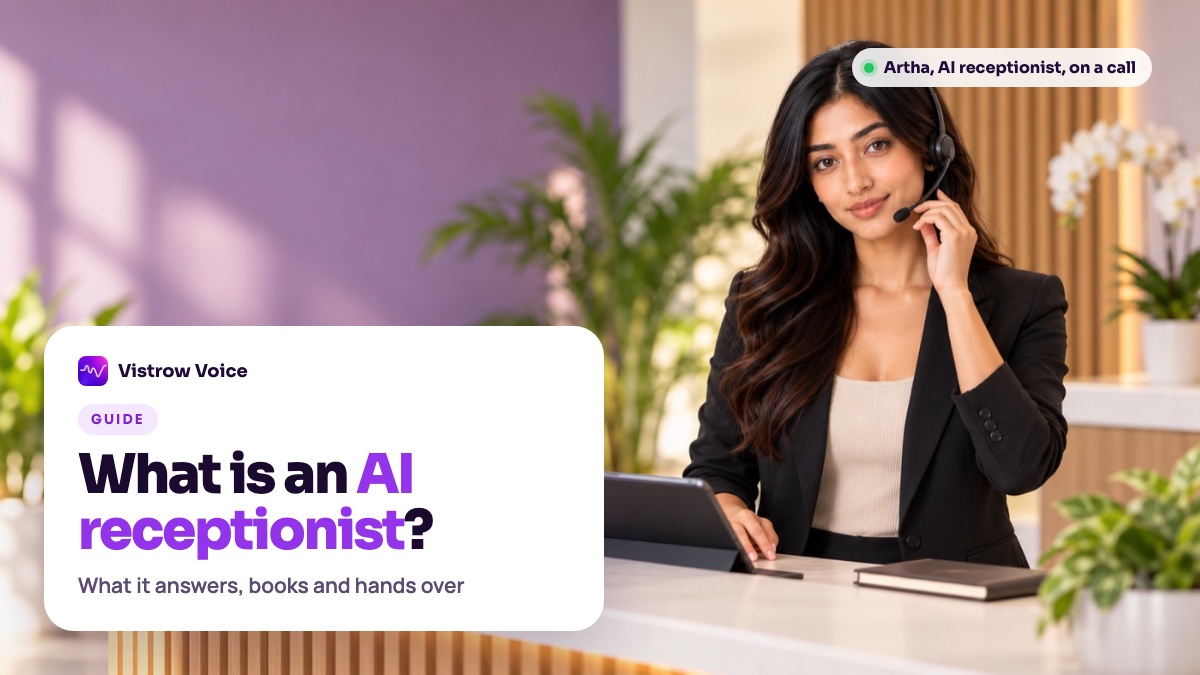 Artha, the AI receptionist, at a bright front desk wearing a headset, with a white card asking what an AI receptionist is