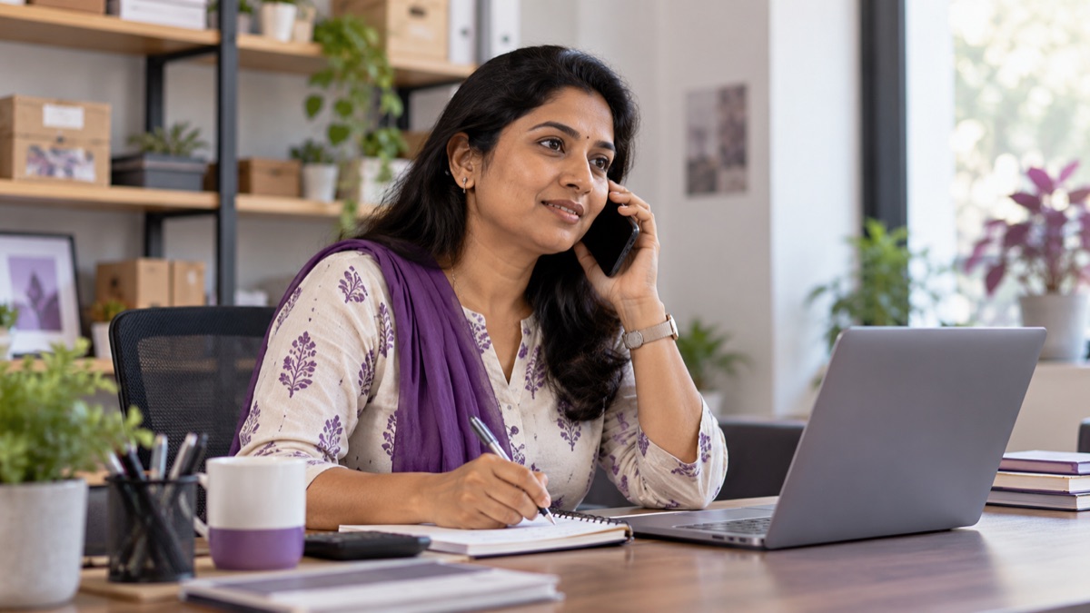 Business owner listening on a phone and taking notes beside a laptop