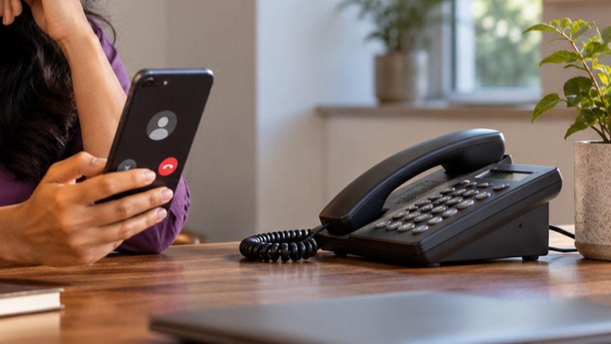 Caller holding a mobile phone beside an office desk telephone with a keypad