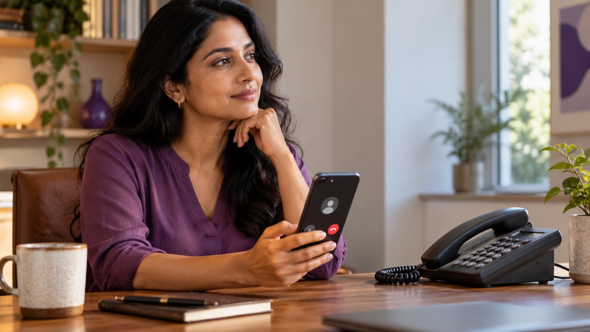 Customer using a mobile phone beside a desk telephone