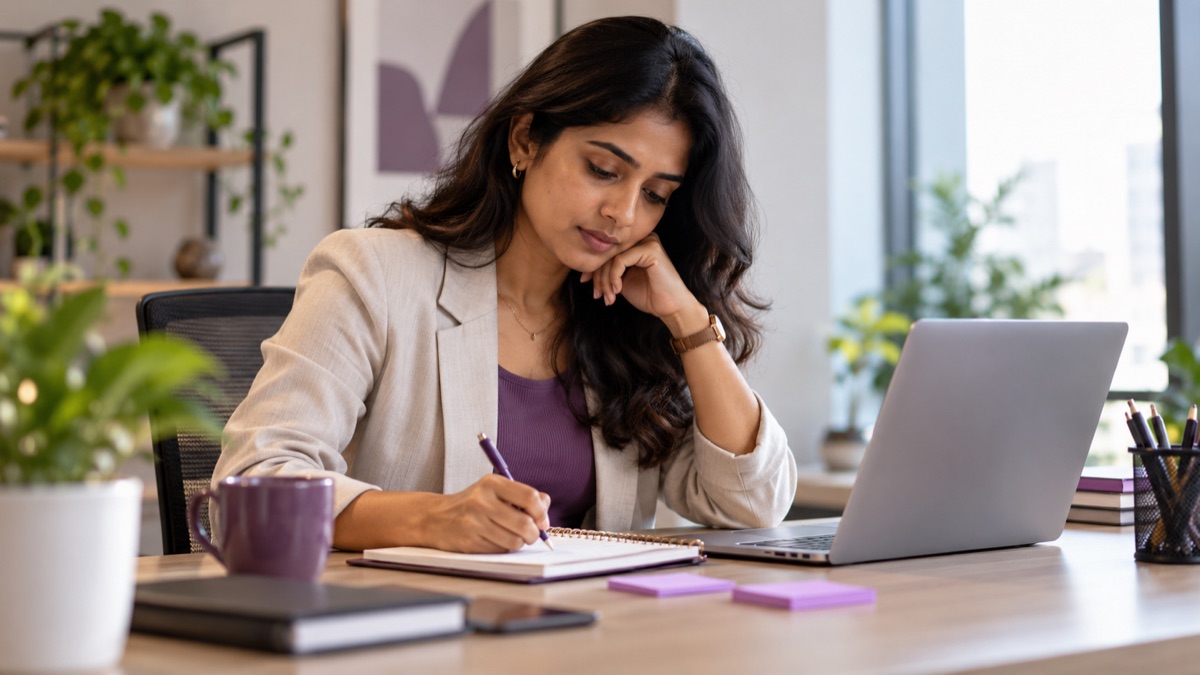 Operations manager drafting conversation instructions beside a laptop