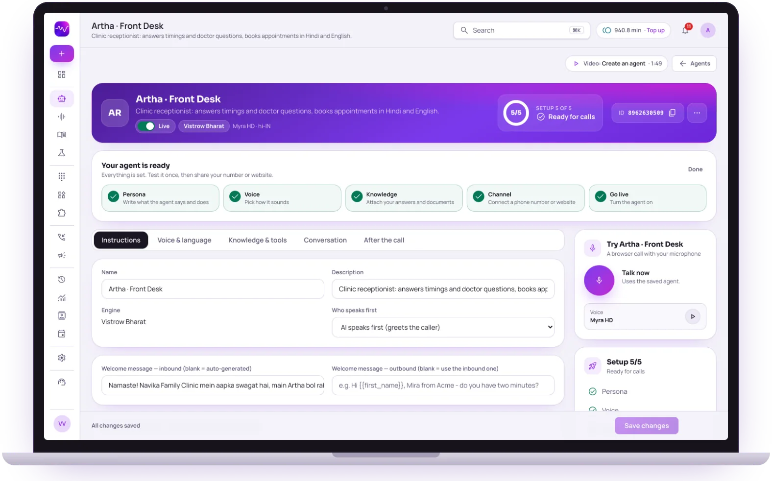 Artha Front Desk agent page in the Vistrow Voice dashboard: setup checklist for persona, voice, knowledge, channel and go live, settings tabs and a browser test call