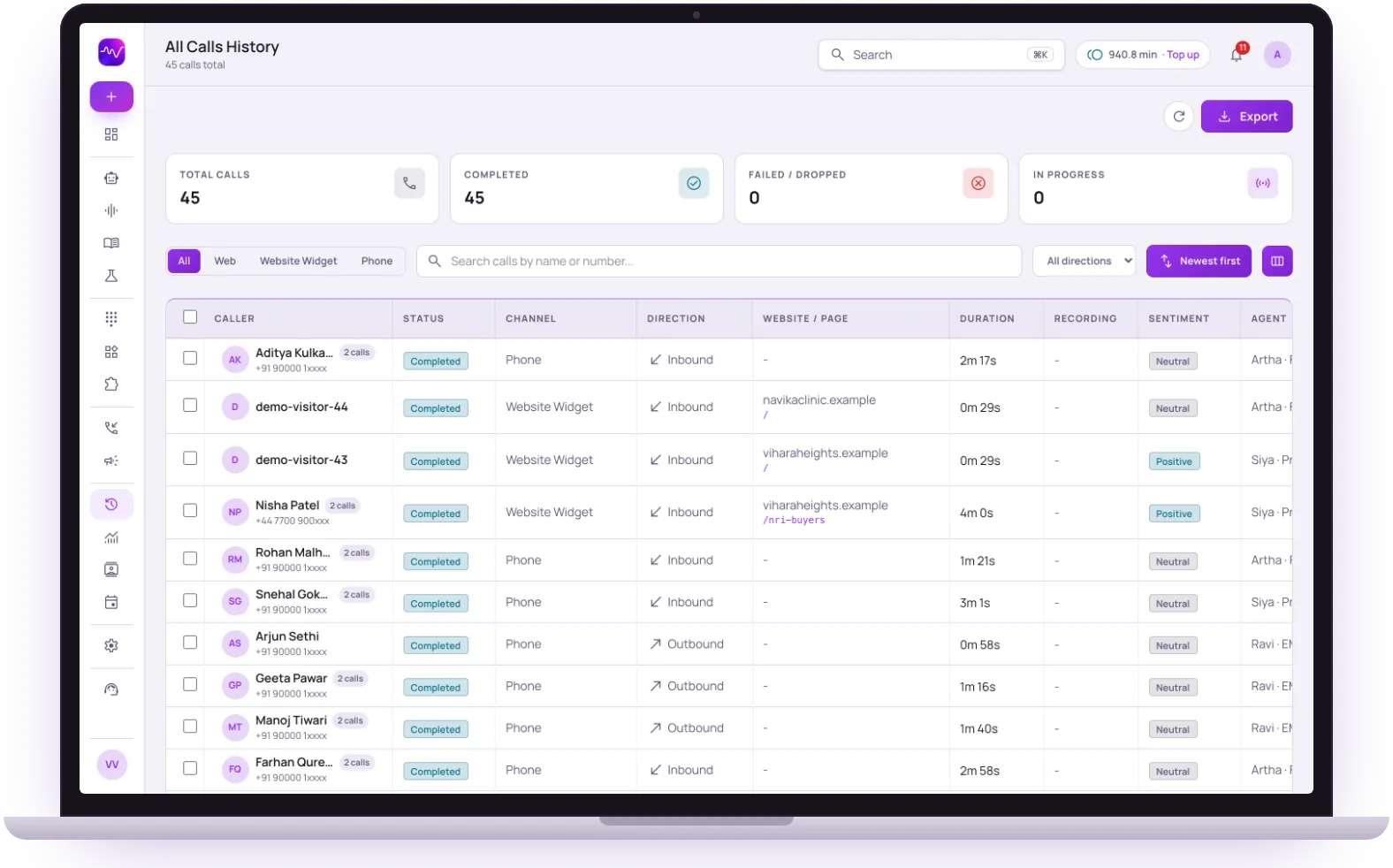 All Calls History in the Vistrow Voice dashboard: phone and website widget calls with status, direction, duration, sentiment and the agent that took each one