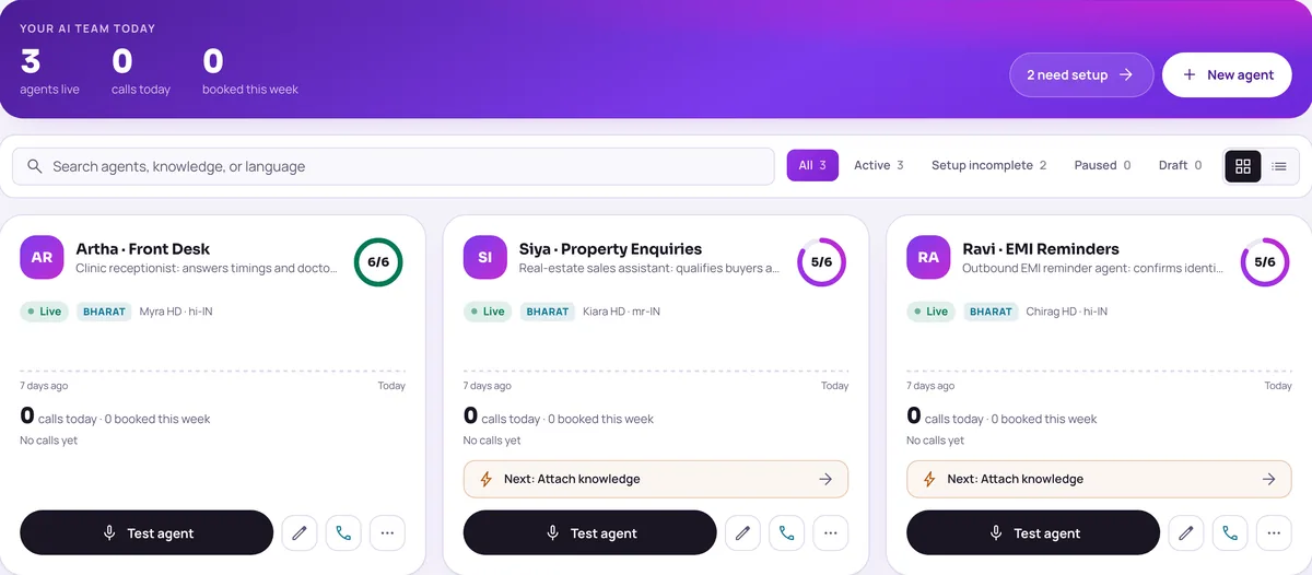 Three agent cards in the Vistrow Voice dashboard: a clinic front desk, a property enquiries agent and an EMI reminders agent, each with its voice, language and readiness score