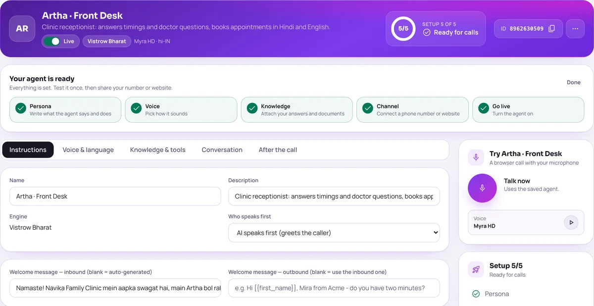 Agent page in the Vistrow Voice dashboard: the agent is live with a Hindi voice, the setup checklist is complete, and the welcome message greets callers in Hindi