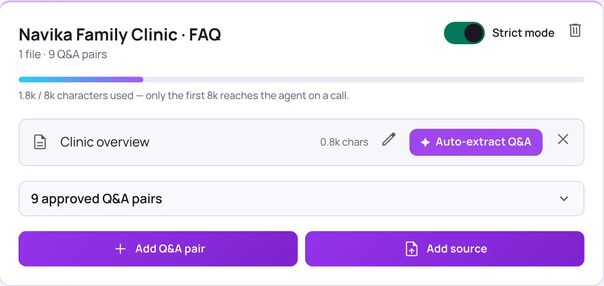 Knowledge base card in the Vistrow Voice dashboard: strict mode switched on, a bar showing 1.8k of 8k characters used, a source file and 9 approved Q&A pairs