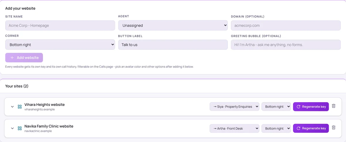 Website widget settings in the Vistrow Voice dashboard: site name, agent, domain, corner, button label and greeting bubble, with two sites listed below