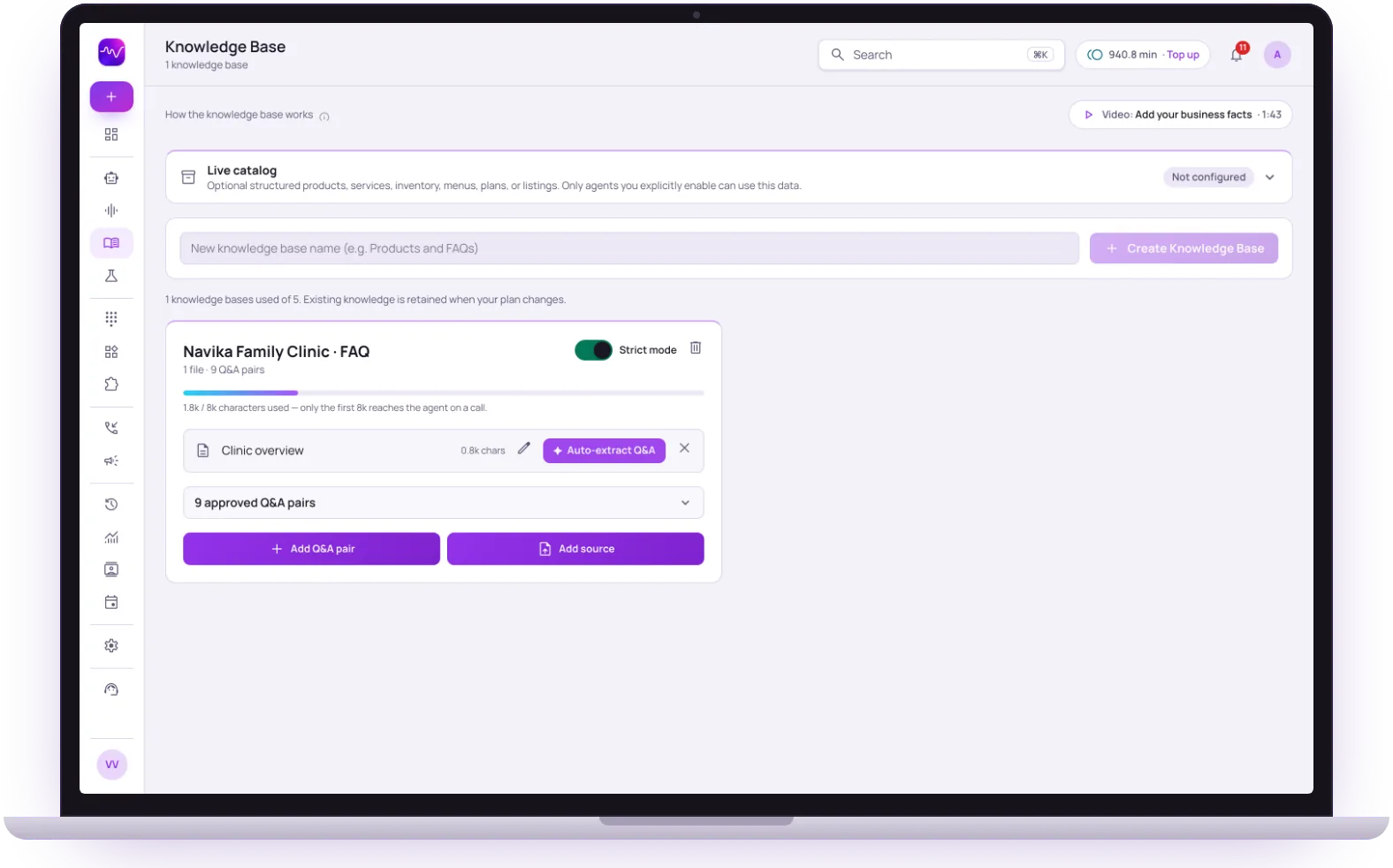 Knowledge Base page in the Vistrow Voice dashboard on a laptop: a clinic FAQ with strict mode on, a usage bar, a source document with Auto-extract Q&A and approved question-and-answer pairs