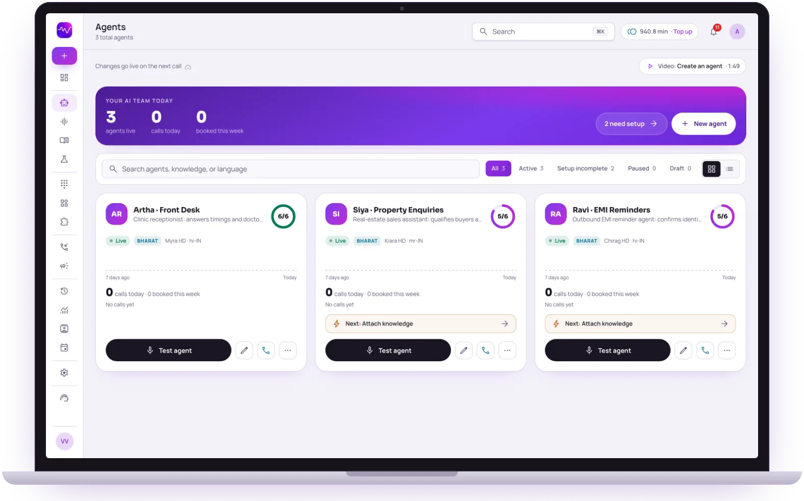 Agents page in the Vistrow Voice dashboard on a laptop: three voice agents including Artha Front Desk, each live with a readiness score and a Test agent button