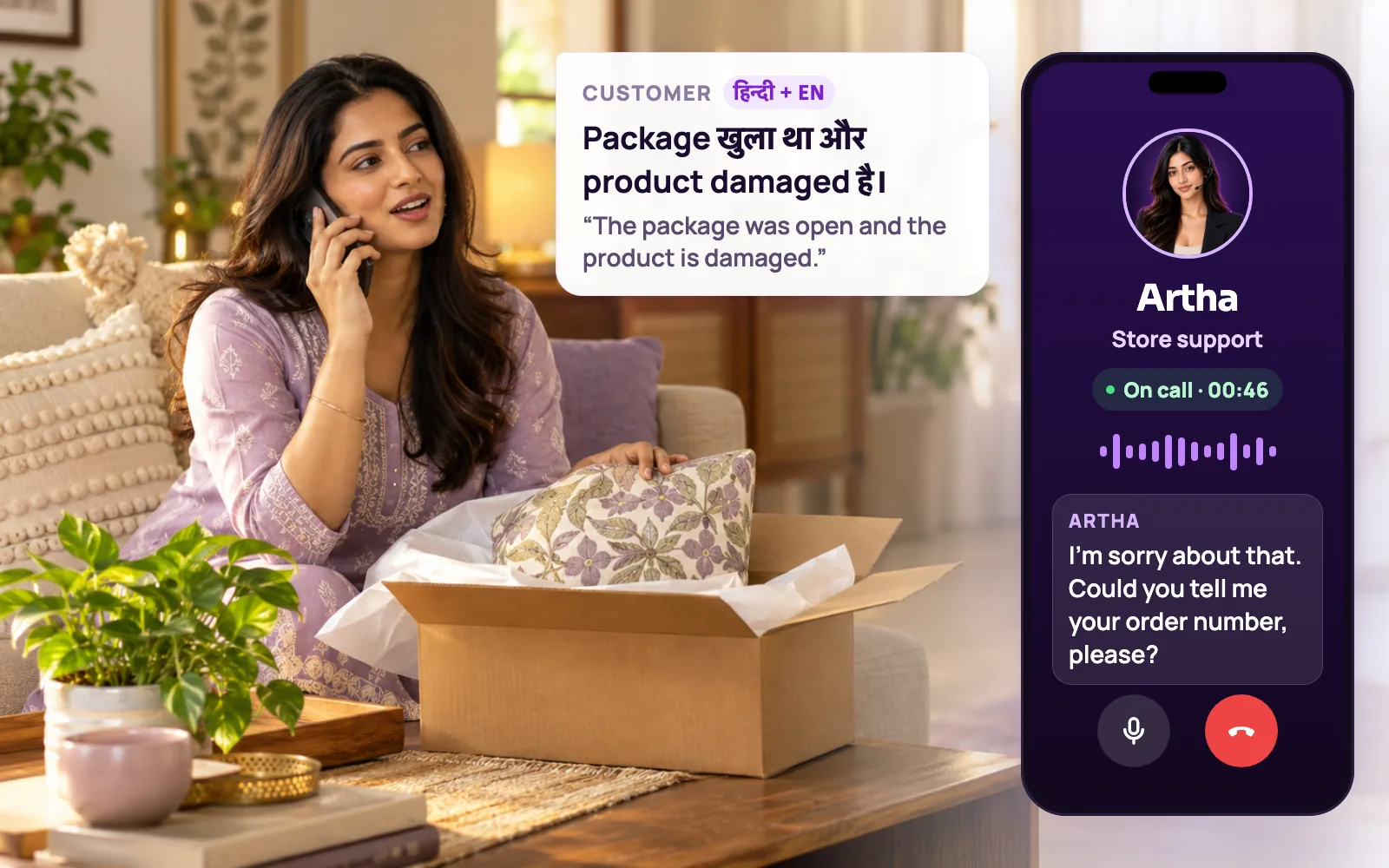 A customer with a damaged parcel calling a store while Artha asks for her order number