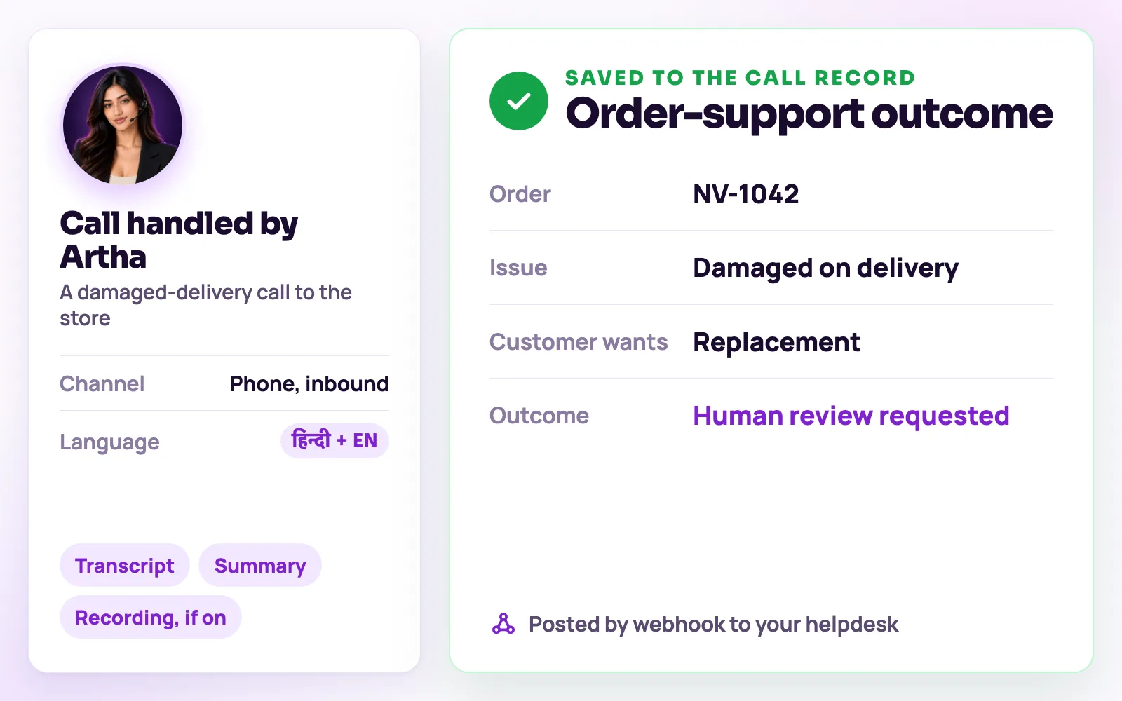 Order-support outcome card with order ID, damage issue, the replacement the customer wants and a human review request