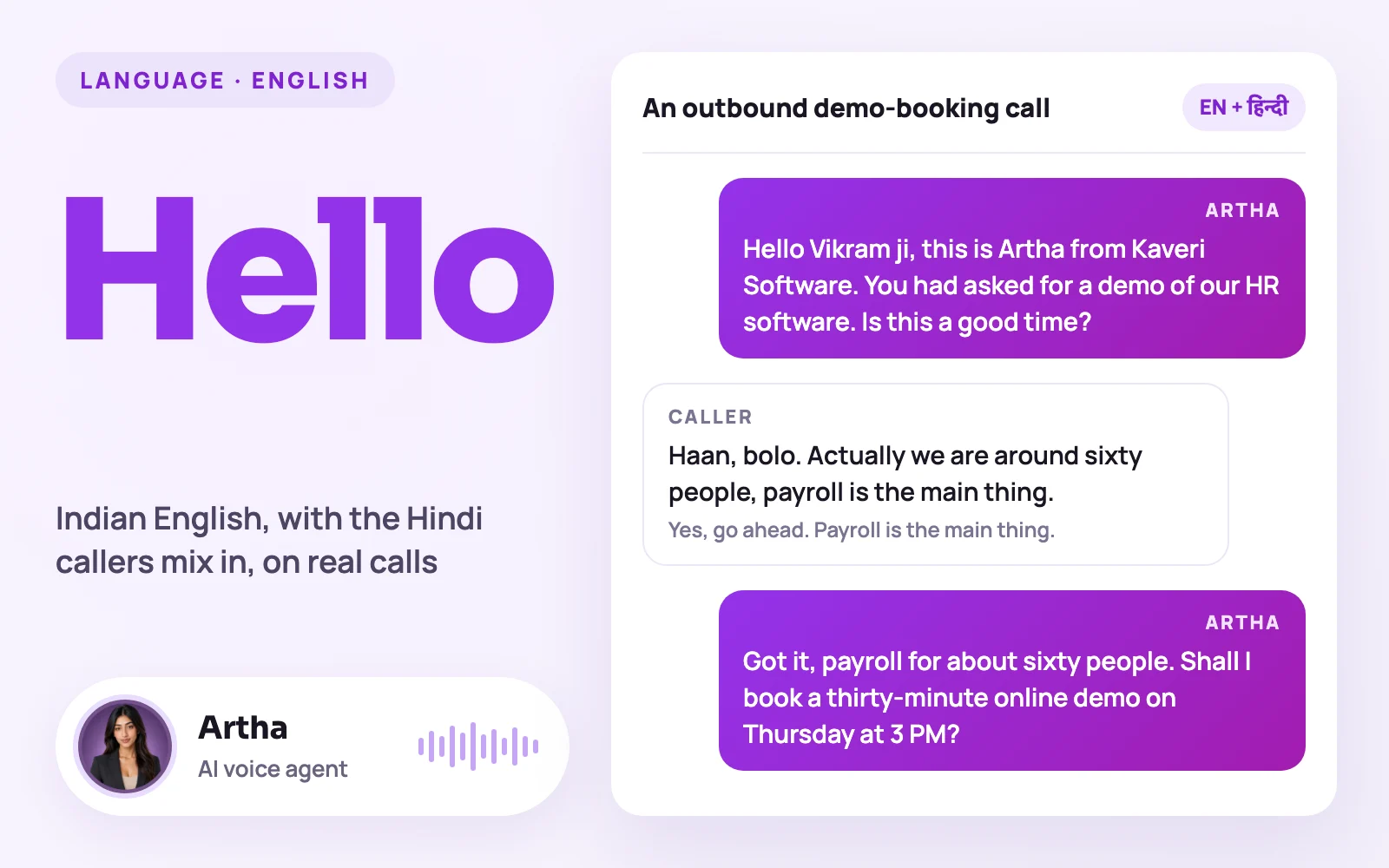Greeting Hello beside a written sample of an outbound demo-booking call for a Bengaluru software company in Indian English, with Artha, the AI voice agent, replying in English