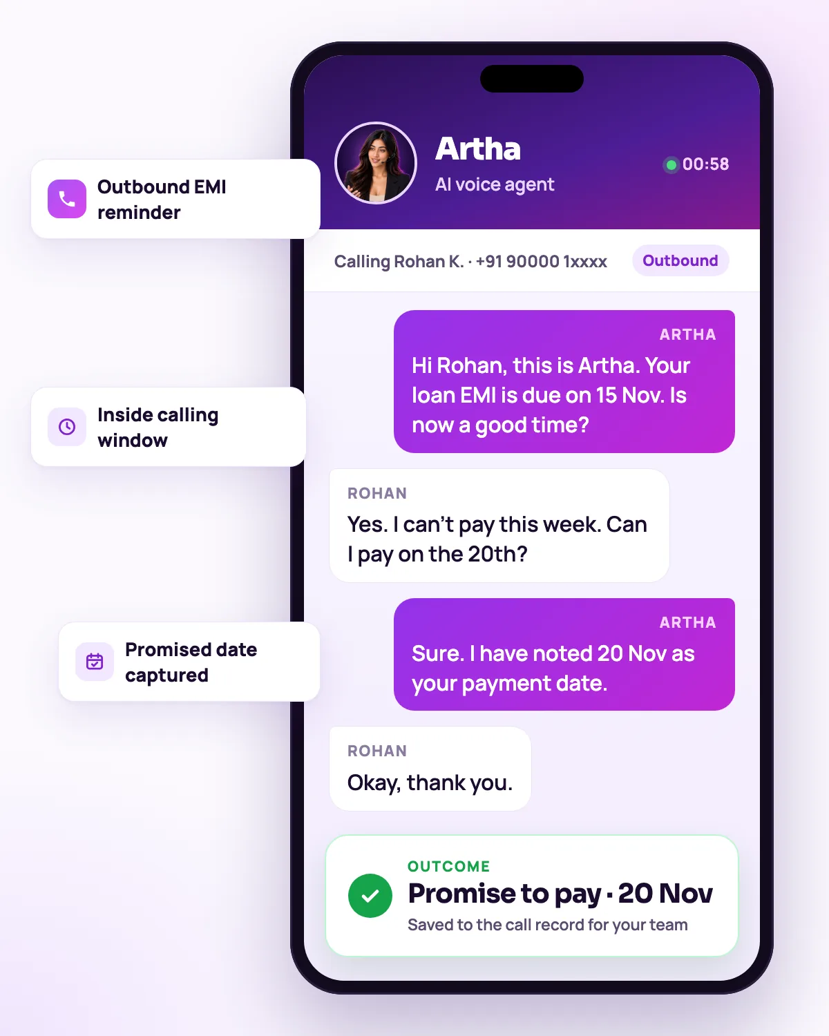 Artha on an outbound EMI reminder call shown on a phone screen, with the promised payment date saved