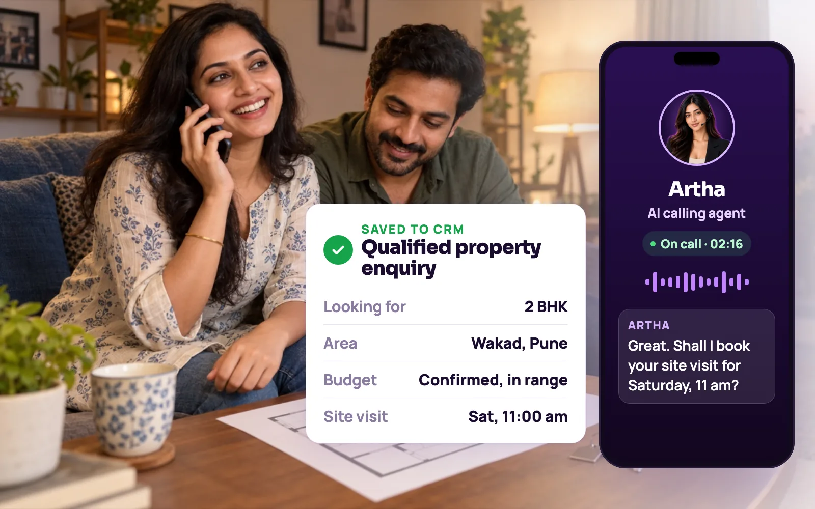 A property buyer on a call with Artha, the AI calling agent, with the qualified enquiry saved: 2 BHK in Wakad, budget confirmed and a Saturday site visit