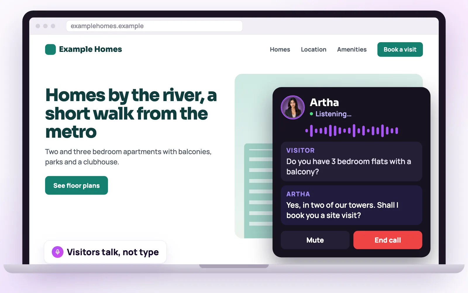 Website with the Vistrow Voice call button open and Artha talking to a visitor about a 3 bedroom flat